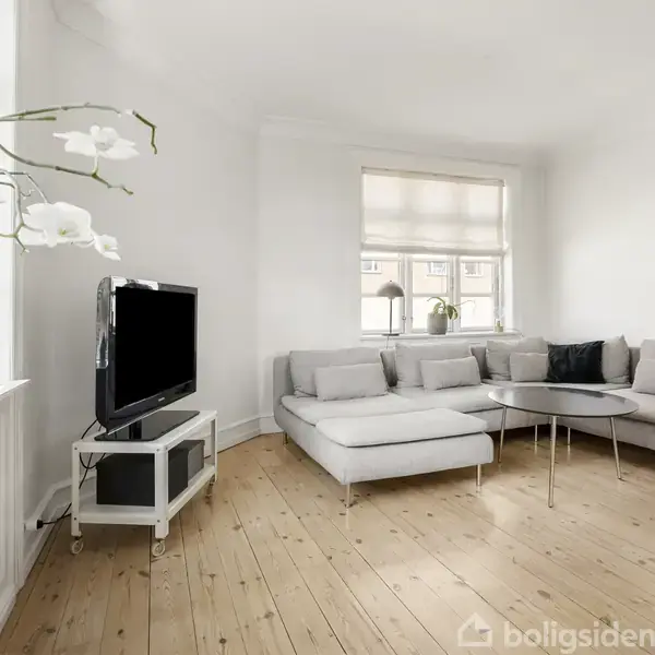 Grå hjørnesofa med puder står i et lyst stuehjørne med trægulv. Fjernsyn på stativ ved siden af et stort vindue med hvide gardiner. Blomster står i vindueskarmen.