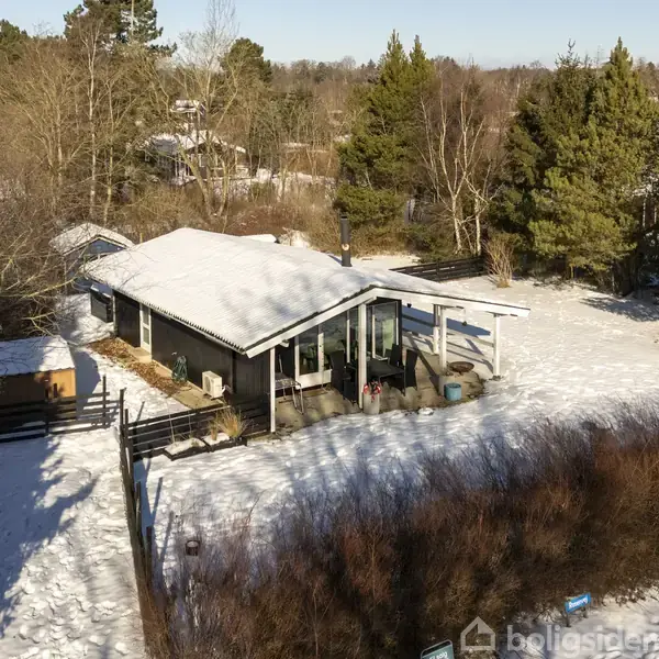 Et sommerhus med fladt tag står i et snedækket område omgivet af træer. Huset har store vinduespartier og en terrasse med udendørs møbler.