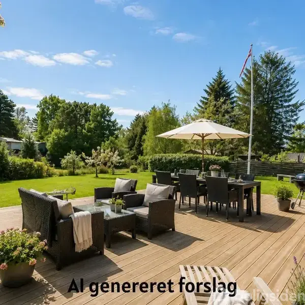 En etplans murstensvilla med fladt tag står på en grøn græsplæne. En stor terrasse med havemøbler omkranser huset. Træer og klar blå himmel udgør baggrunden.
