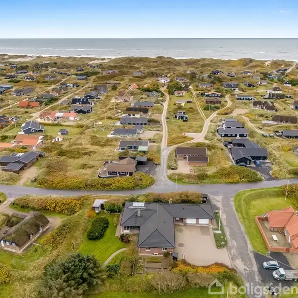 Et luftfoto viser en klynge af boliger på en flad, græsbevokset kystlinje. Husene er spredt langs snoede veje tæt på stranden med havet i baggrunden.