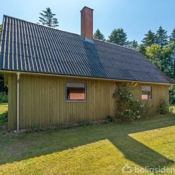 Et grønt træhus med skråt tag og skorsten står i en solrig, grøn have omgivet af skov.