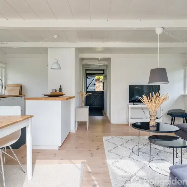 Stue med sofa og sofabord, stillet foran et tv på kommode. Køkkenområde med spisebord og stole til venstre. Rummet er lyst med træmøbler og lyst interiør.