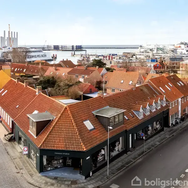 Rødtagede rækkehuse står roligt langs en gade nær en havn med skibe og industrielt landskab i baggrunden. Husene har skrå tage og små vinduer, omgivet af brolagte gader.