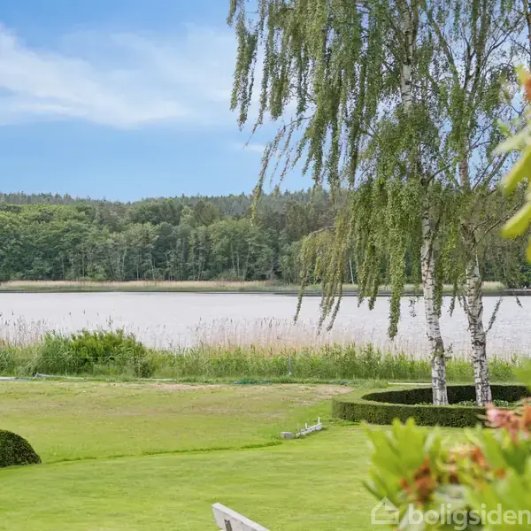En sø omkranset af skov, set fra en velplejet have med trimmede buske og træer, under en blå himmel.