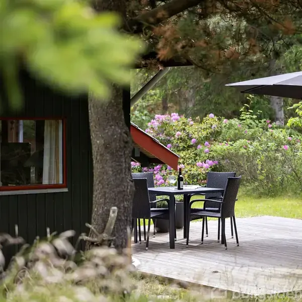 Terrasse med et udendørs bord og fire stole under en parasol. I baggrunden en træhytte med et vindue, omgivet af frodig vegetation og blomster.