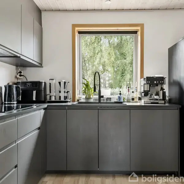 Gråt køkken med moderne apparater og stor vask, centralt placeret foran et vindue der viser grønne træer udenfor. Køleskab til højre og bordplade med kaffemaskine til venstre.