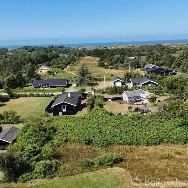 Luftfoto af spredte sommerhuse omgivet af frodig vegetation nær kystlinjen. Grønne træer danner en skovgrænse mod horisonten, hvor havet er synligt i baggrunden under en klar blå himmel.