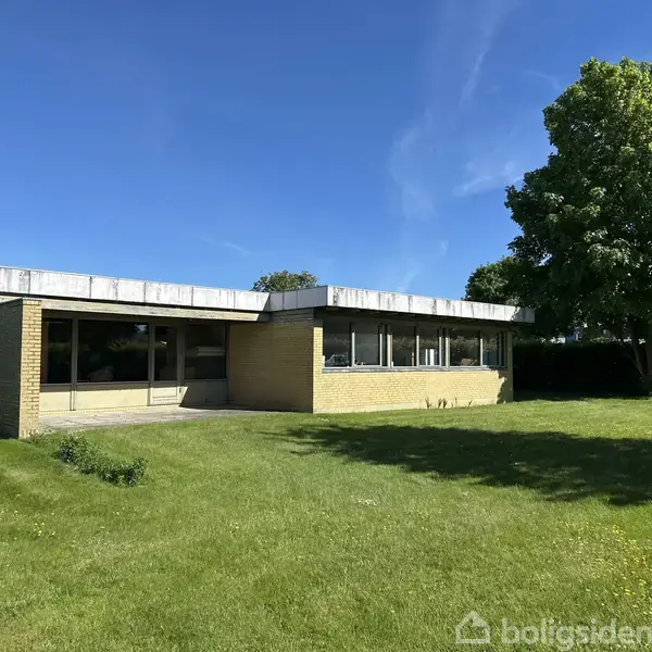 En lav, gulstensbygning med store vinduer står stille. Den er omgivet af en velplejet græsplæne og en stor træ på en solskinsdag med en klar blå himmel.