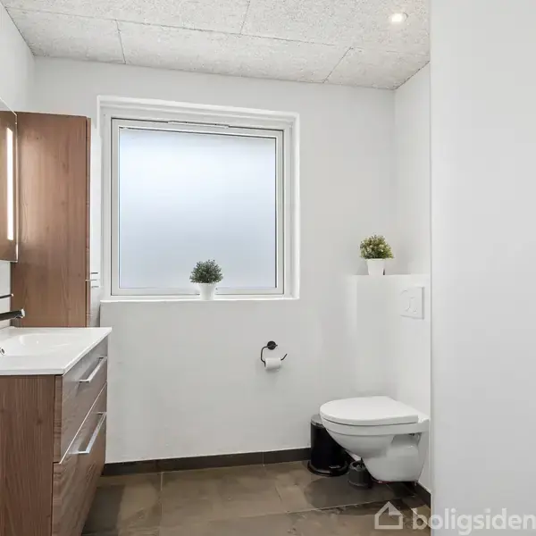 Badeværelse med toilet og vask, omgivet af hvide vægge og brunlige klinker. Enkelt vindue med to små planter på en hylde. Minimalistisk indretning.