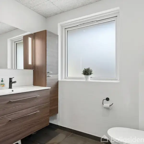 Et moderne badeværelse med brun vaskeskab, hvid vask, sæbedispenser, vægspejl, toilet, toiletpapirholder og to små planter i potter placeret på skabet og vindueskarmen.