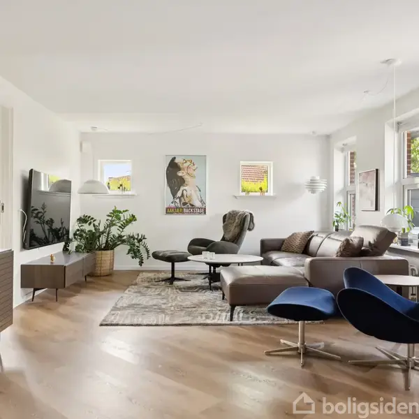 Moderne stue med blå lænestol og grå sofa foran et stort tæppe. Væggene er dekoreret med kunstplakater. Rummet har lyst trægulv, grønne planter, og store vinduer, der giver naturligt lysindfald.