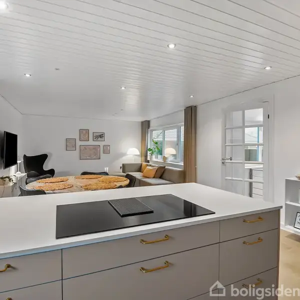 Køkkenø med kogeplade står forrest, omgivet af en moderne stue med sofa, tv og vægkunst i et lyst rum. Store vinduer giver naturligt lys til rummet.