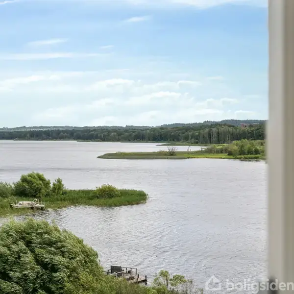 Flod strækker sig gennem frodig, grøn natur, omgivet af træer og buske under en klar blå himmel. Udsigt ses gennem et vindue til højre.