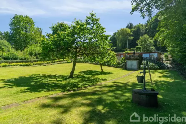 Et træ står i en velholdt, solrig have med græs. En grussti snor sig gennem området. I baggrunden ses en bygning omgivet af frodig skov og buske.