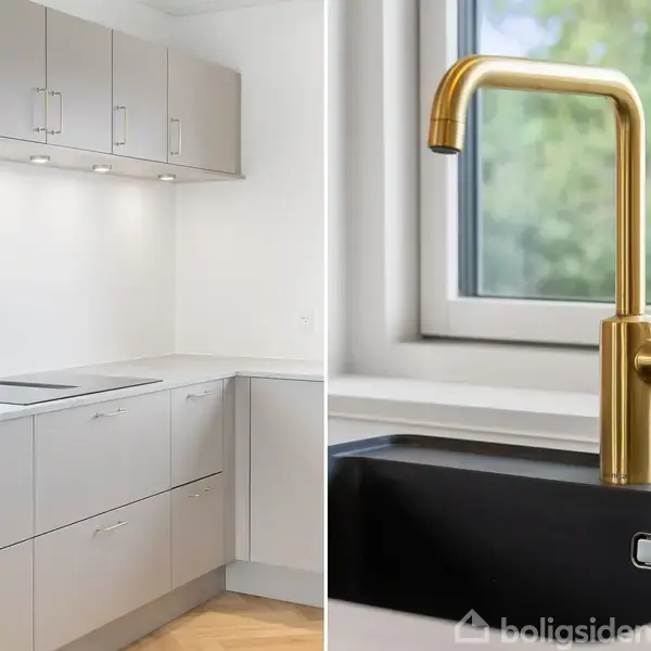 Køkken med lyse grå skabe og sorte greb. Moderne kogeplade indbygget i bordpladen. Ved siden af, en blank, messingfarvet vandhane over sort vask foran et vindue med udsigt til grønne omgivelser.