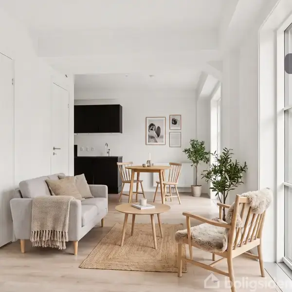 En stue med en sofa og to stole omkring et sofabord. Et rundt spisebord med stole ses i baggrunden, nær et køkken. Store vinduer slipper lys ind. Tekst: "Visualisering".
