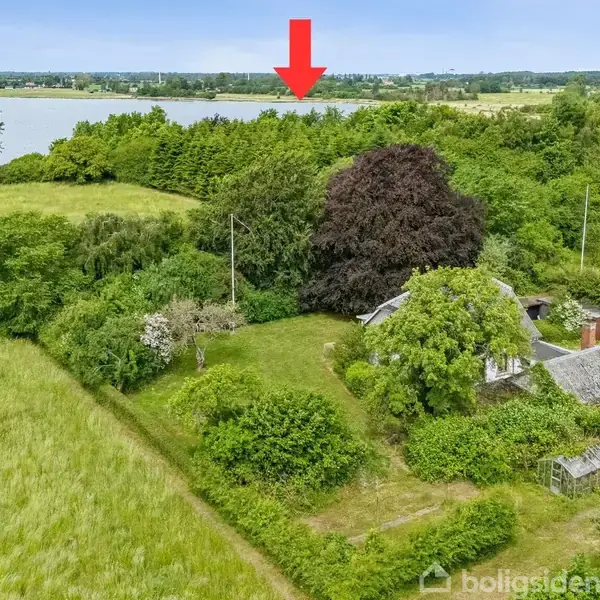 Hus skjult mellem tætte træer ligger nær en sø. Det omgivende område er grønt med marker og spredt bevoksning.