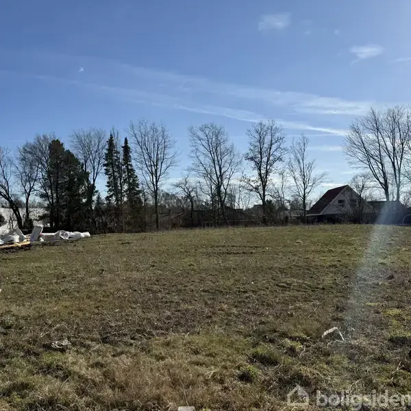En åben græsmark med en rød traktor, der står stille ved siden af nogle hvide sække. Træer uden blade omgiver arealet, og et hus ses i baggrunden under en blå himmel.