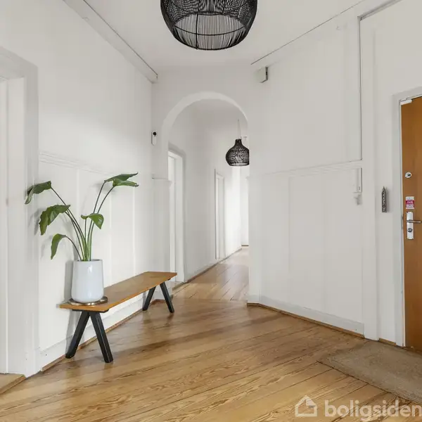 En lang gang med trægulv og hvidmalede vægge. En bænk med en grøn plante står langs væggen. Døren til højre er lys brun med metalhåndtag.
