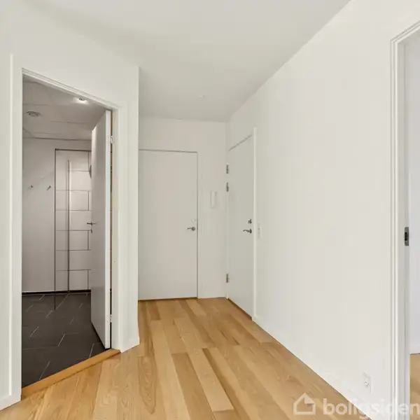 Hvid væg, skinnende trægulv, tre åbne døre. Den ene fører til et flisebelagt rum, sandsynligvis et badeværelse. Minimalistisk indretning i en moderne bolig. Ingen tekst til stede.