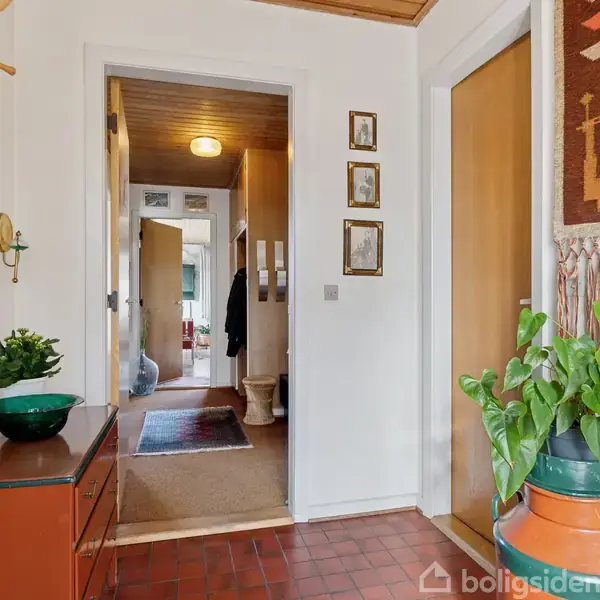 Entré med rødbrunt flisegulv og træloft. Et træmøbel med en plante og skål står mod væggen. En åben dør fører til en gang med flere billeder og tæpper.