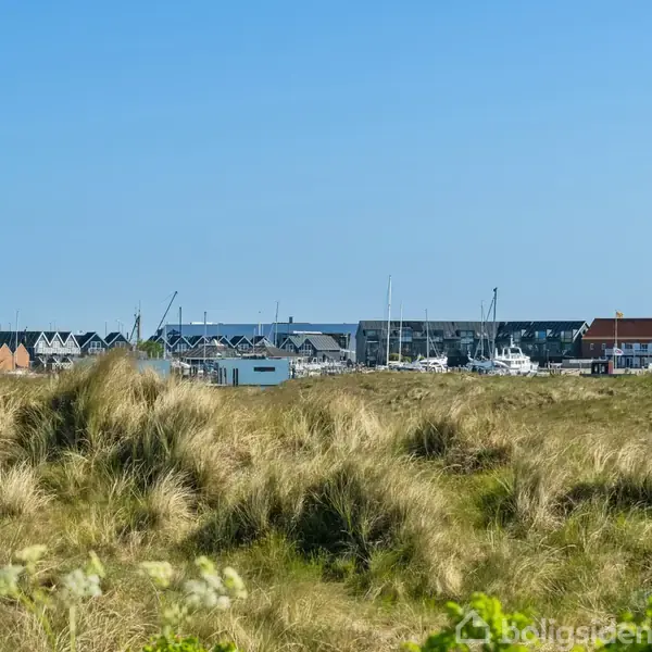 Græsbeklædte klitter strækker sig i forgrunden med en række huse og både i baggrunden under en klar blå himmel.