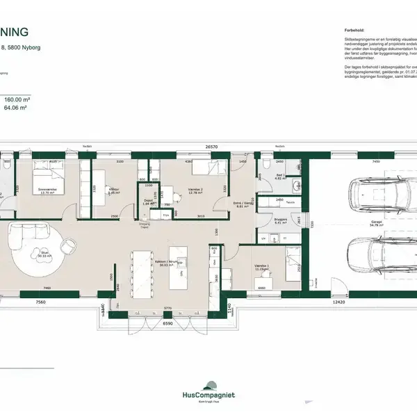 Plantegning viser et hus med køkken-alrum, stue, tre værelser, bryggers, og garage til to biler. Tekst: "Adresse: Præstegårdsvej 8, 5800 Nyborg. Dato: 28-08-20. HusCompagniet."