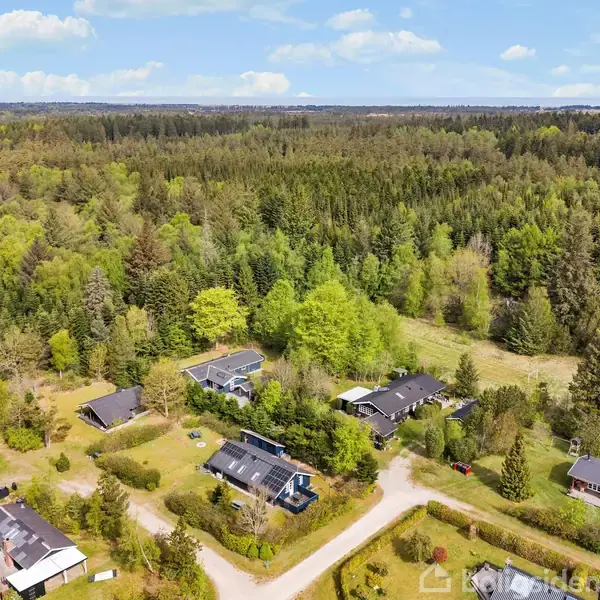 Flere huse ligger spredt i en grøn skovområde med en blanding af træer. Veje snor sig mellem husene, hvilket giver en følelse af ro og natur.