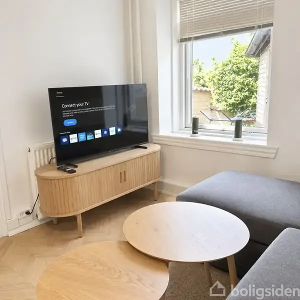 Fladskærms-tv står på et træskab og viser teksten "Connect your TV" med en blå "Continue"-knap. Stuen har en stor vindue med udsigt til grønne træer, tæt på en grå sofa.