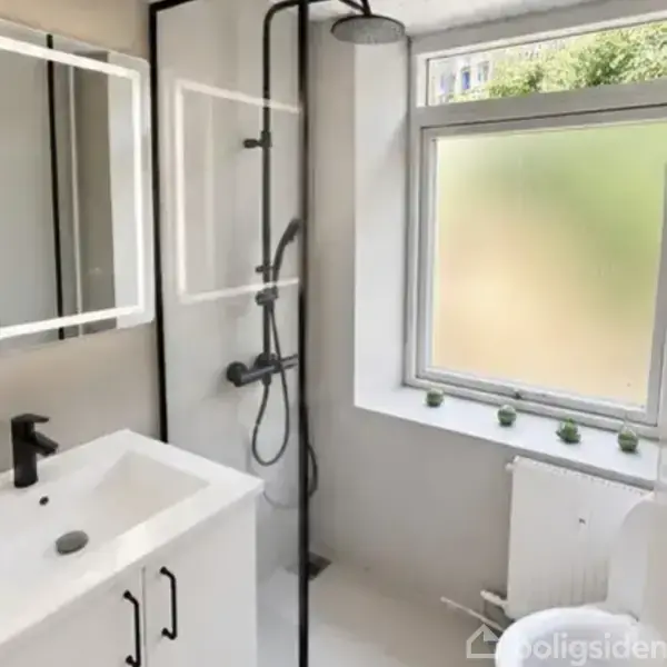 Hvidt badeværelse med brusekabine og sort armatur ved siden af en kvadratisk vask. Et vindue med frostet glas og fire små planter ovenpå vindueskarmen.