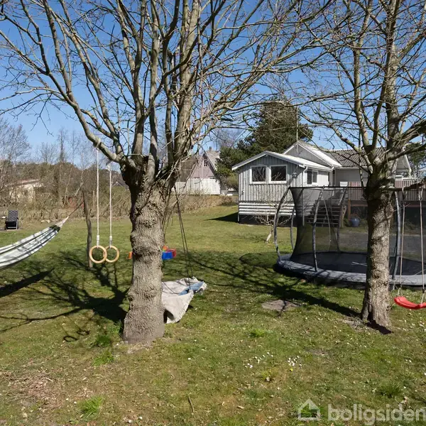 En have med to træer, hvor der hænger en hængekøje og gymnastikringe. En trampolin står ved siden af. I baggrunden ses et hus og en sort skurbygning.