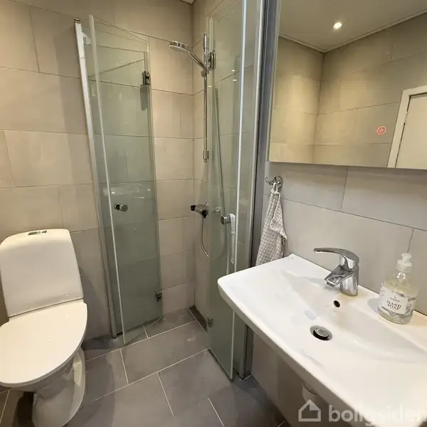 Toilet med hvid skål står roligt ved siden af en bruseniche med glasdør. En hvid vask med armatur og sæbedispenser er placeret over en grå flisebelagt gulv.