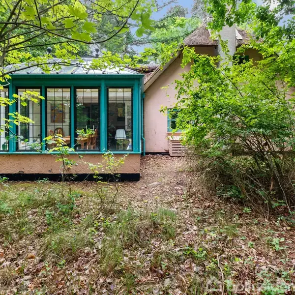 Et hus med store glasvinduer i en udestue står stille i en skovklædt have omkranset af tæt vegetation og træer.