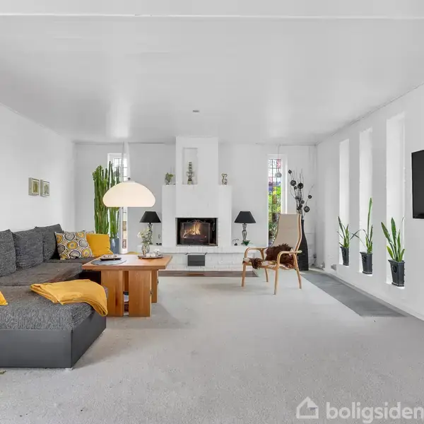 Gråt sofasæt med farverige puder står i en stue. Ved siden af er et træbord med en lampe. På væggen hænger en stor fladskærm. Vinduernes side prydes af planter.
