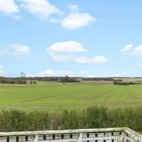 Et åbent vindue kigger ud over en vidtstrakt grøn mark med spredte træer under en blå himmel med hvide skyer. Foran vinduet ses et hegn.