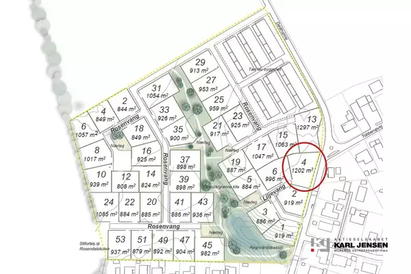 Oversigtskort viser en boligudstykning med numre og arealer i kvadratmeter for hvert plot. Et plot er markeret med en rød cirkel og viser "4 - 1202 m²". Kartografen angivet som "KARL JENSEN".