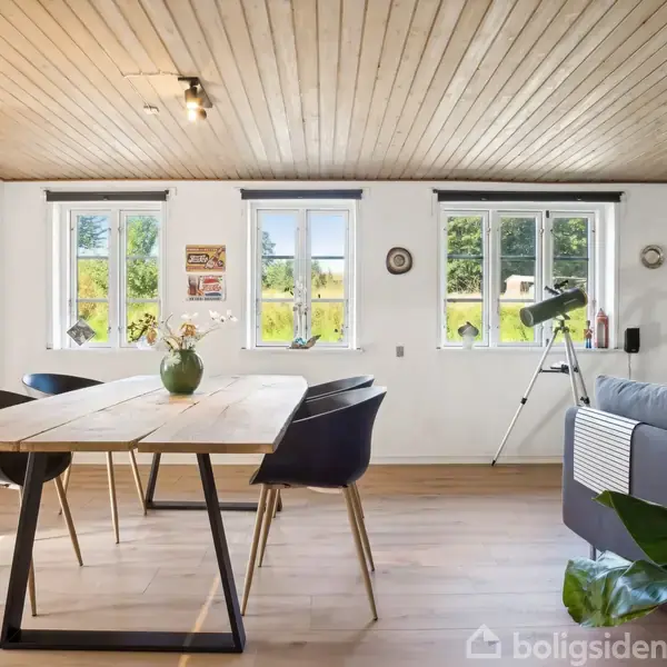 Et langt træbord med sorte stole står i et lyst rum med trægulv og loft. Sollys strømmer ind gennem flere vinduer, og der står en kikkert ved siden af en grå sofa.