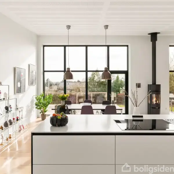 Køkken med hvid ø, planter og pyntegenstande, står i rummelig stue med høje vinduer og spisekrog ved siden af pejs. Sollys strømmer ind udefra gennem glasset.