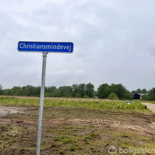 Et vejskilt med teksten "Christiansmindevej" står på en metalstang. Det er placeret på en åben, grøn eng med træer i baggrunden under en overskyet himmel.