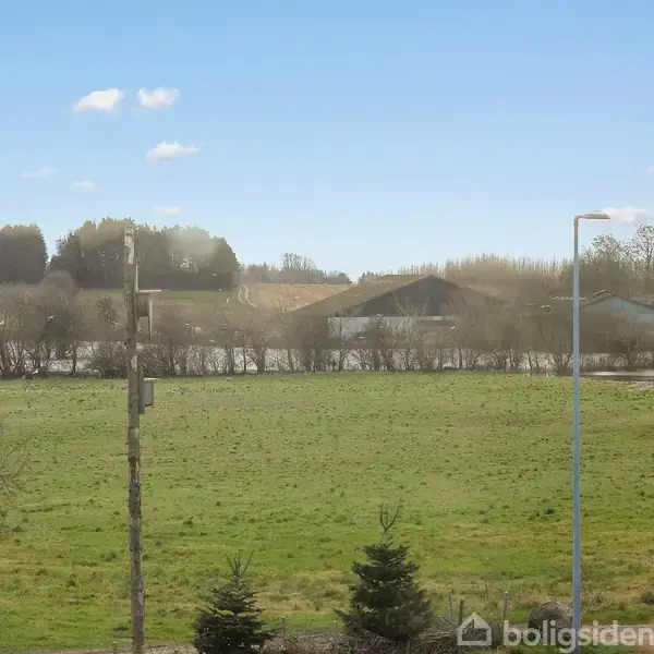 En grøn mark med et par små træer strækker sig under en delvist skyfyldt blå himmel. I baggrunden ses markerede træer og et par bygninger.