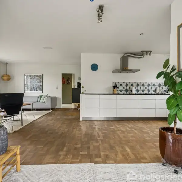 En stue og køkken i åbent plan; moderne køkken med hvidt inventar og mønstret bagvæg. En stor potteplante står ved siden af en væg med kunst. Vegne af træ og tæppe.