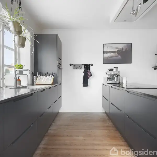 Et moderne køkken med grå skabe har en glasblender og planter. Sollys strømmer ind gennem store vinduer, og der hænger billeder på de hvide vægge. Trægulv danner basen.