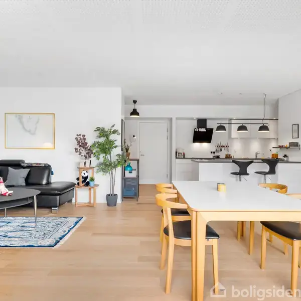 Stue og køkken i åben plan. Lædersofa med tæppe og planter til venstre, spisebord med stole i centrum, og moderne køkken med barstole i baggrunden.