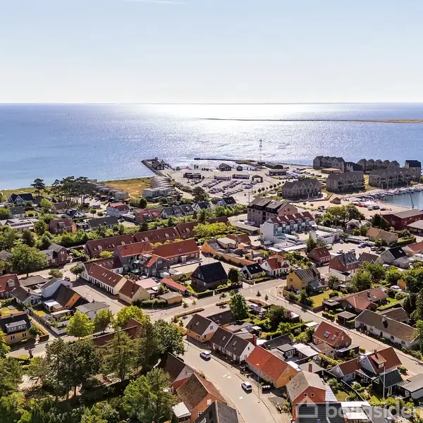 Kystby set fra oven med rækkehuse, der strækker sig ned til en livlig havn. Sollys skinner på det åbne hav i baggrunden, omgivet af grønne områder og både.