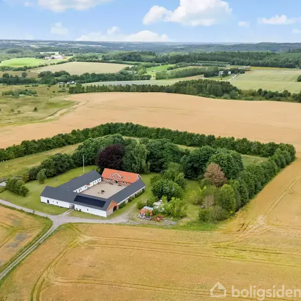 Køkken med hvidt, moderne design, køkkenø og integrerede apparater. Brændeovn med opstablet brænde på siden, belyst af naturligt lys fra vinduerne. Træbeklædt loft.