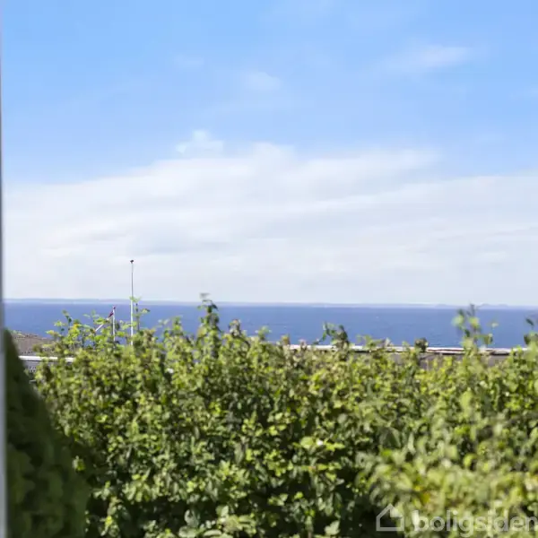 En udsigt mod havet omgivet af grønne buske i forgrunden under en klar, blå himmel. En smal, hvid flagstang står til venstre.