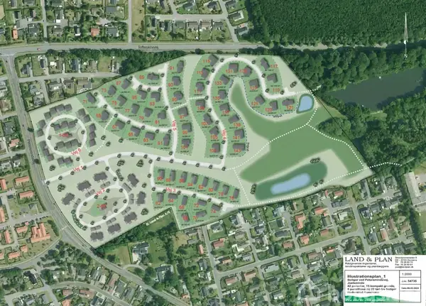 Kort viser en byplan med boliger markeret i rødt, grønne områder og stier. Omgiver en vejnettet beboelsesområde. Tekst: "LAND & PLAN", "Illustrationsplan, 1: 1000", "Job nr. 2878", "Dato 07.06.15".