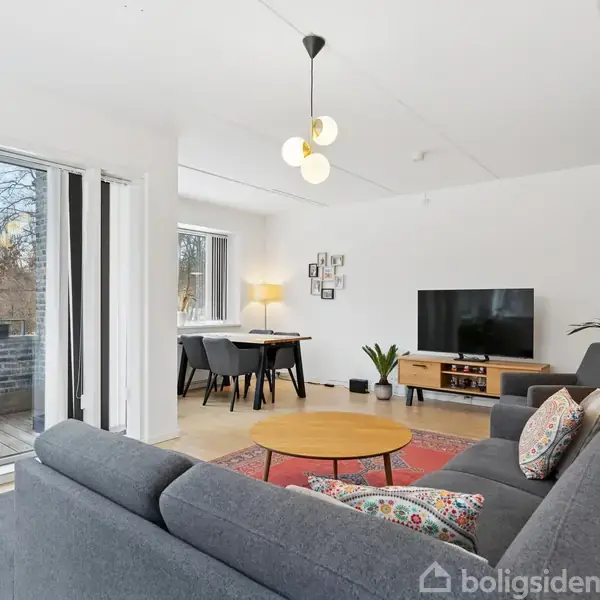 Grå sofa med farverige puder står i stue med træbord og tæppe. Ved siden af er en spiseplads med bord, stole, lamper, planter og tv-møbel. Terrassedør til venstre.