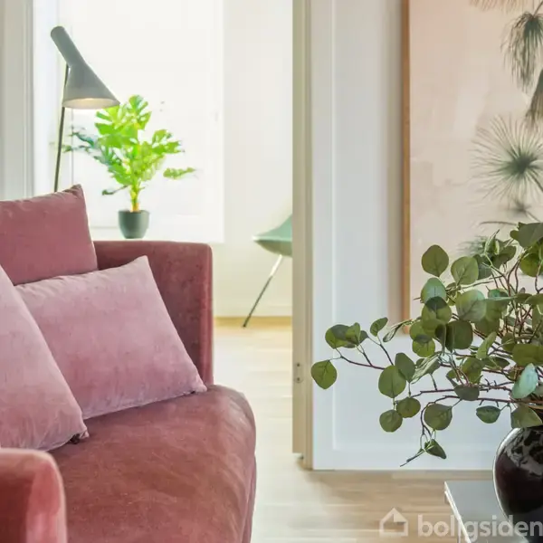 Rosa sofa med puder står i stue omgivet af grøn plante i sort vase og et vægmaleri med palmemotiv. Baggrunden indeholder en gulvlampe og en ekstra stol ved lys vindue.