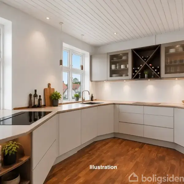 Et moderne køkken med hvide skabe står ubenyttet. Bordpladen er ren med få dekorationer som planter og krydderier. Store vinduer slipper lys ind og gulvet er af træ. Tekst: "Illustration".